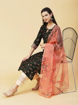 Abstract Floral Printed Embroidered Kurta With Printed Dupatta - Green