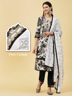 Abstract Floral Printed Straight Fit Kurta with Pant & Dupatta - Black