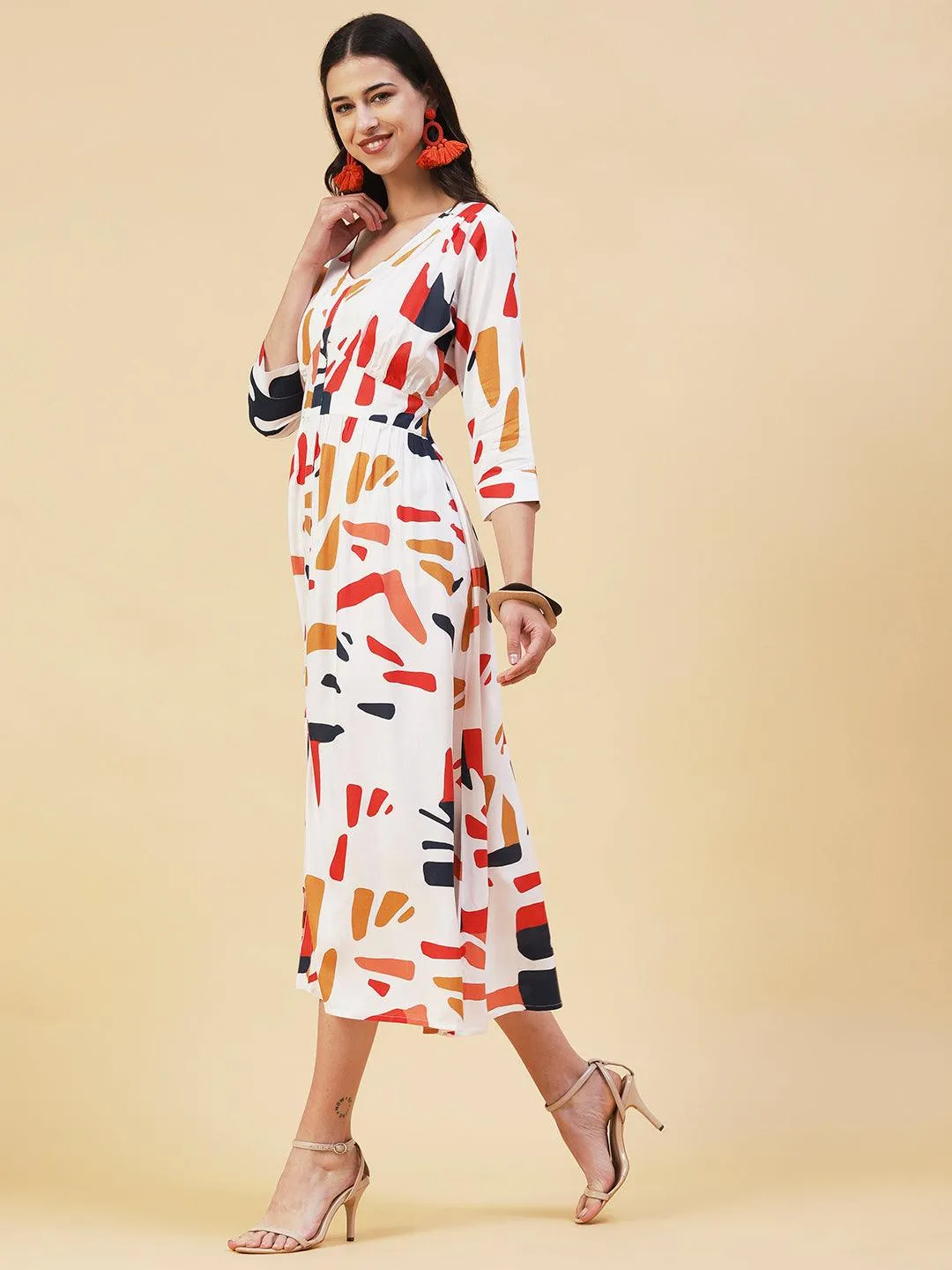 Abstract Printed A- Line Flared Midi Dress - White