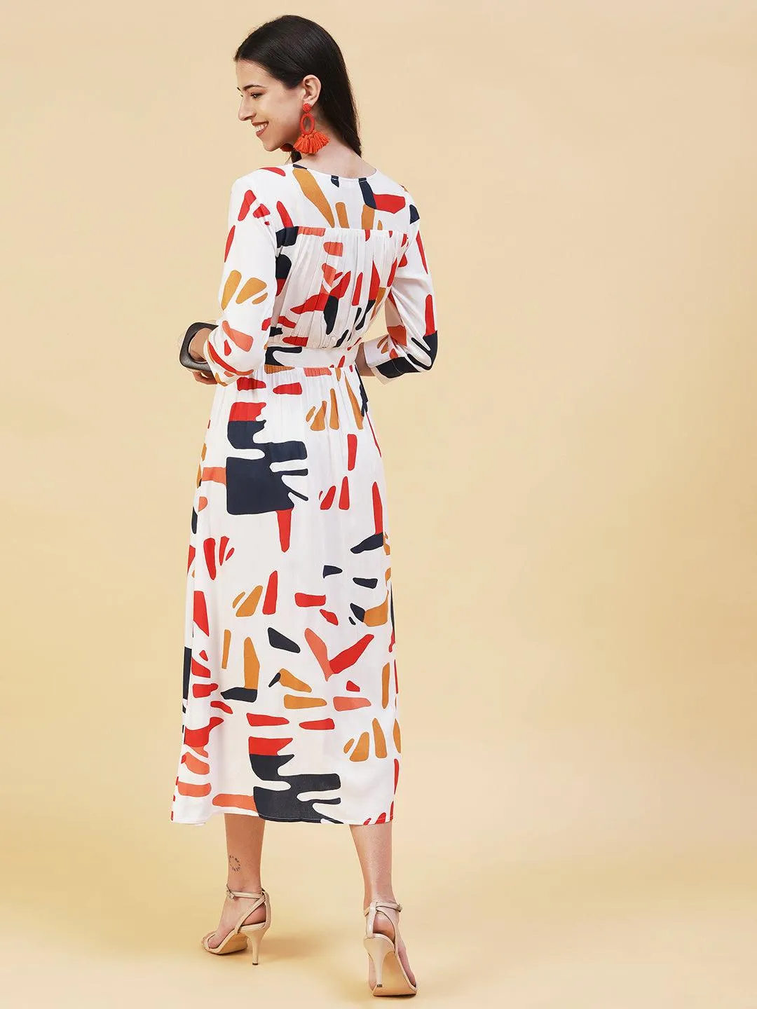 Abstract Printed A- Line Flared Midi Dress - White