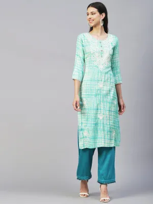 Abstract Printed & Chikankari Embroidered Straight Fit Kurta - Turquoise Blue