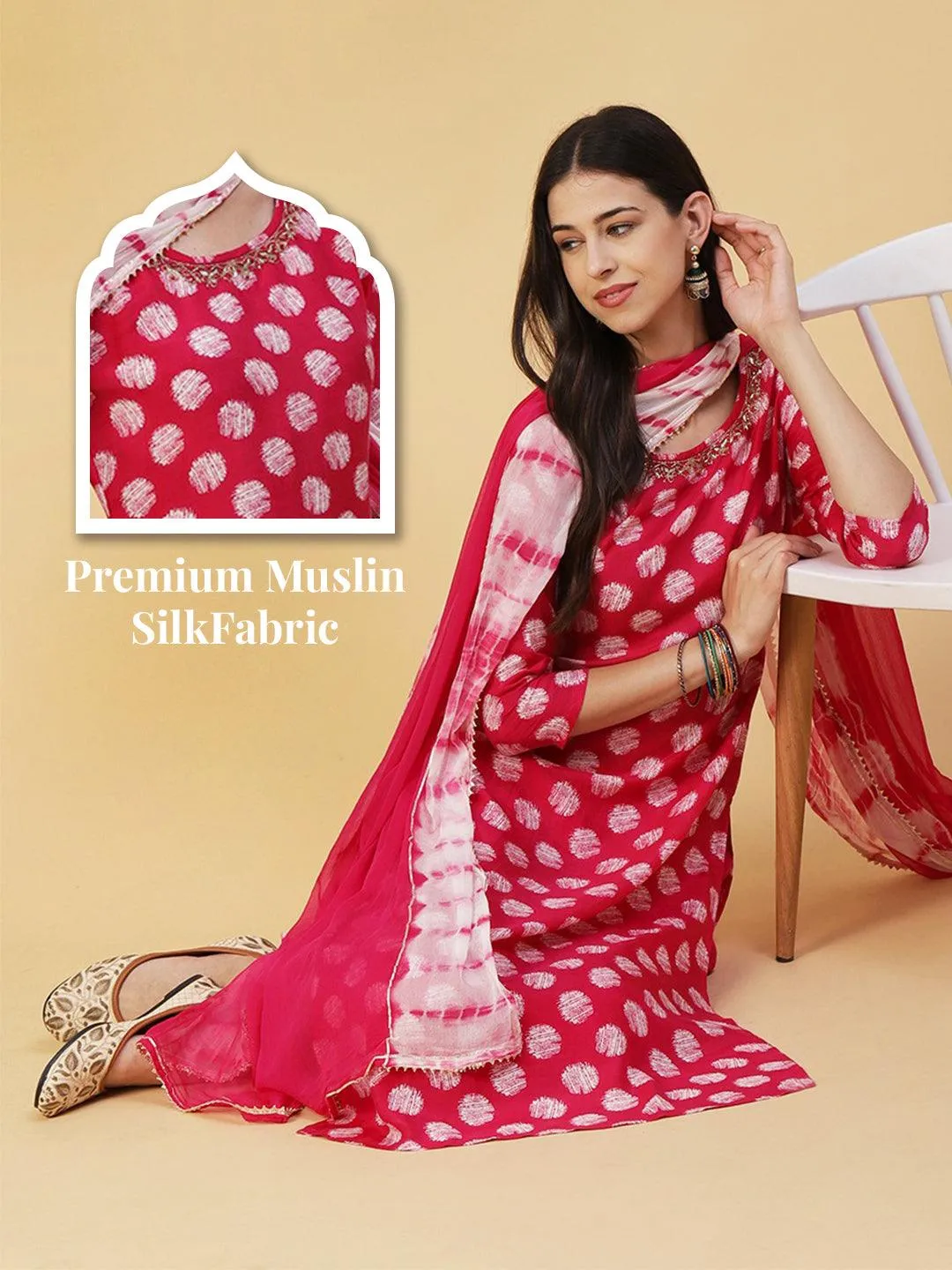 Abstract Printed & Hand Embroidered Straight Kurta with Pant & Dupatta - Magenta