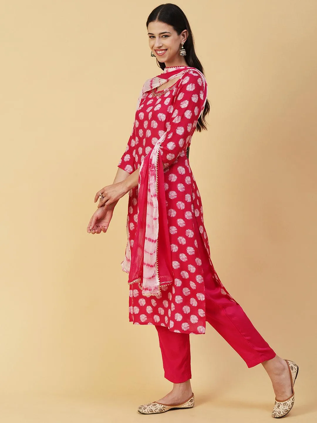 Abstract Printed & Hand Embroidered Straight Kurta with Pant & Dupatta - Magenta