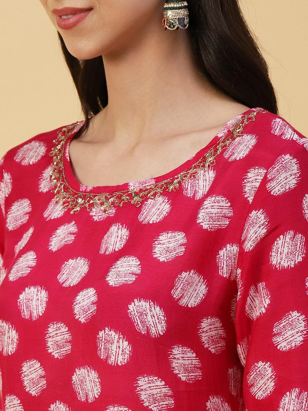 Abstract Printed & Hand Embroidered Straight Kurta with Pant & Dupatta - Magenta