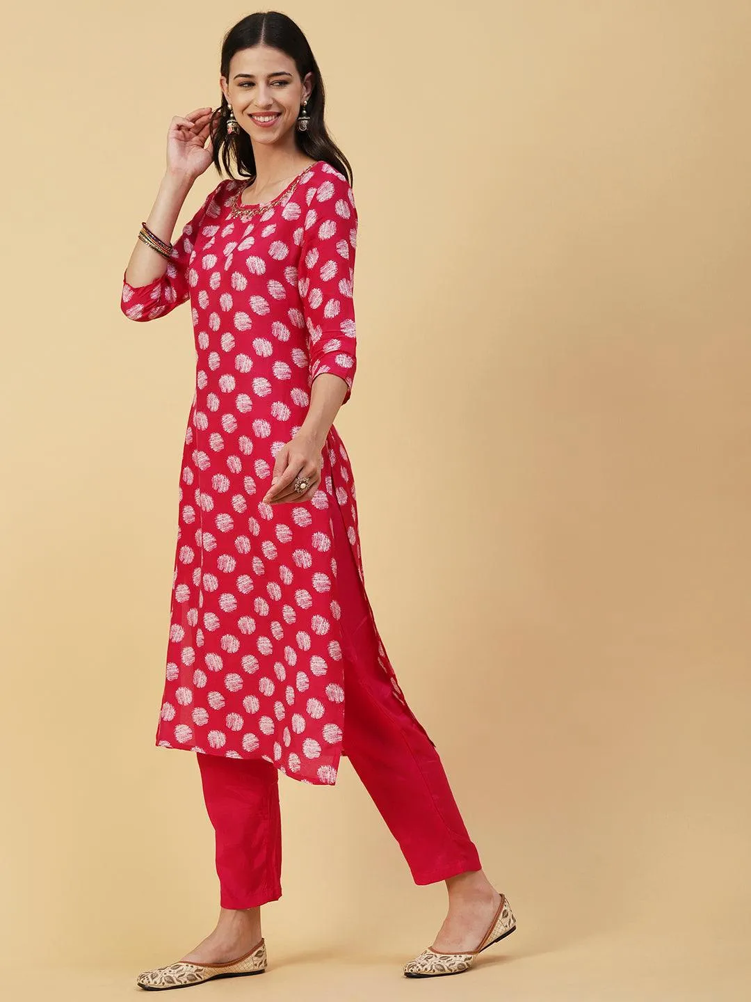 Abstract Printed & Hand Embroidered Straight Kurta with Pant & Dupatta - Magenta