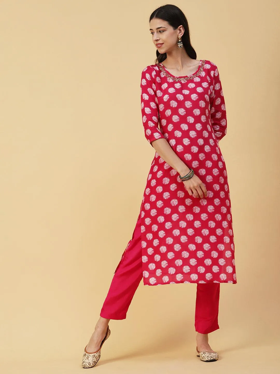 Abstract Printed & Hand Embroidered Straight Kurta with Pant & Dupatta - Magenta