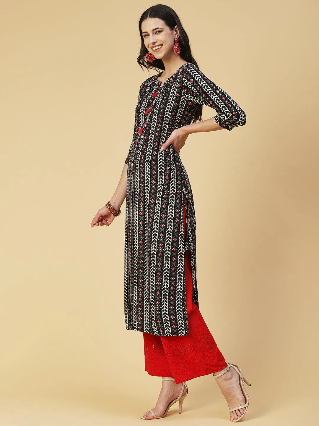 Abstract Printed Beaded Kurta - Black