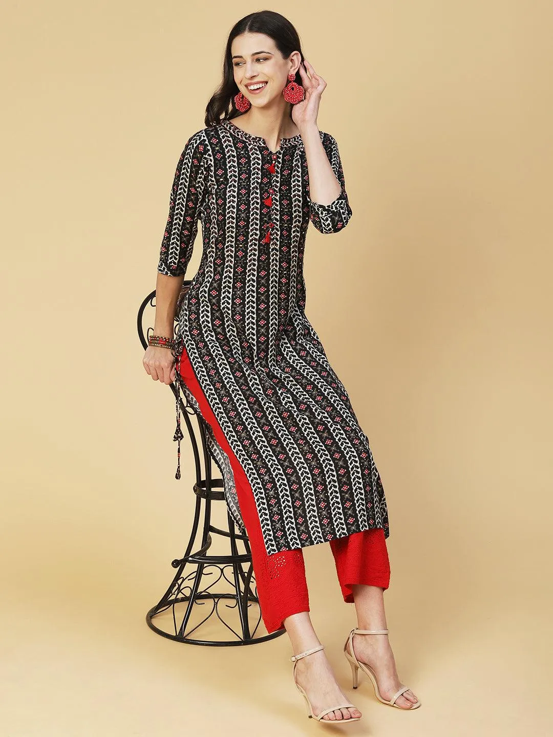 Abstract Printed Beaded Kurta - Black