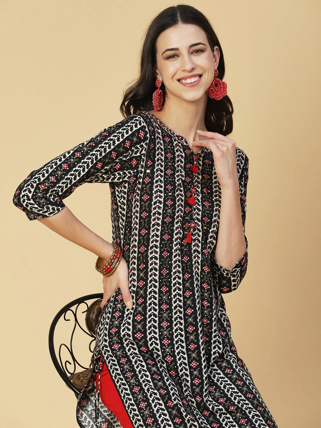 Abstract Printed Beaded Kurta - Black