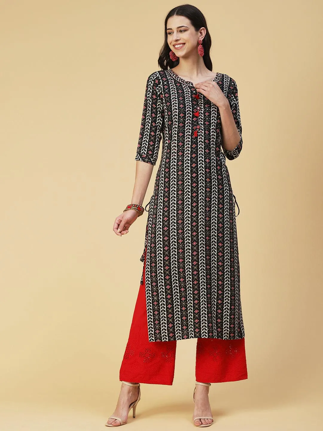 Abstract Printed Beaded Kurta - Black