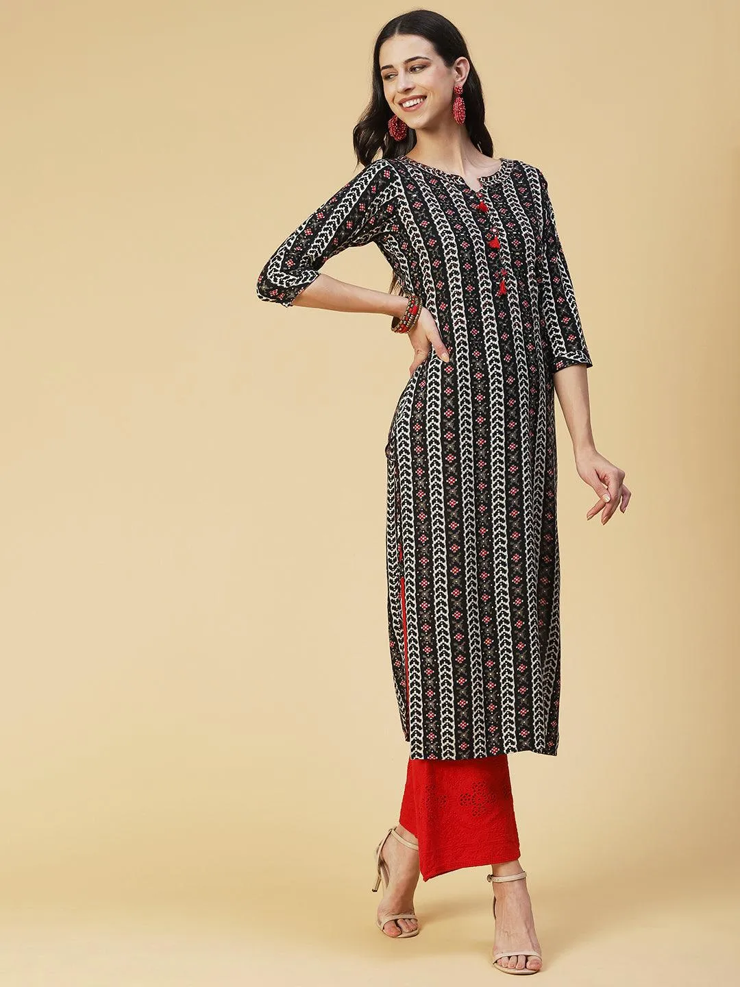 Abstract Printed Beaded Kurta - Black