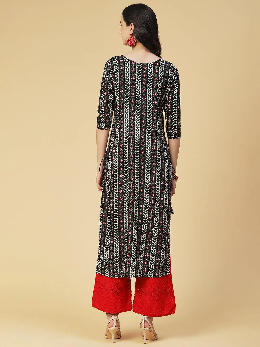 Abstract Printed Beaded Kurta - Black