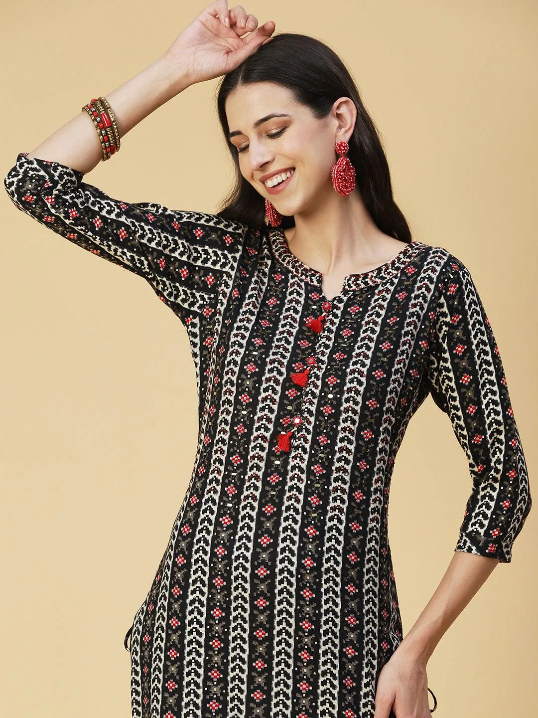 Abstract Printed Beaded Kurta - Black