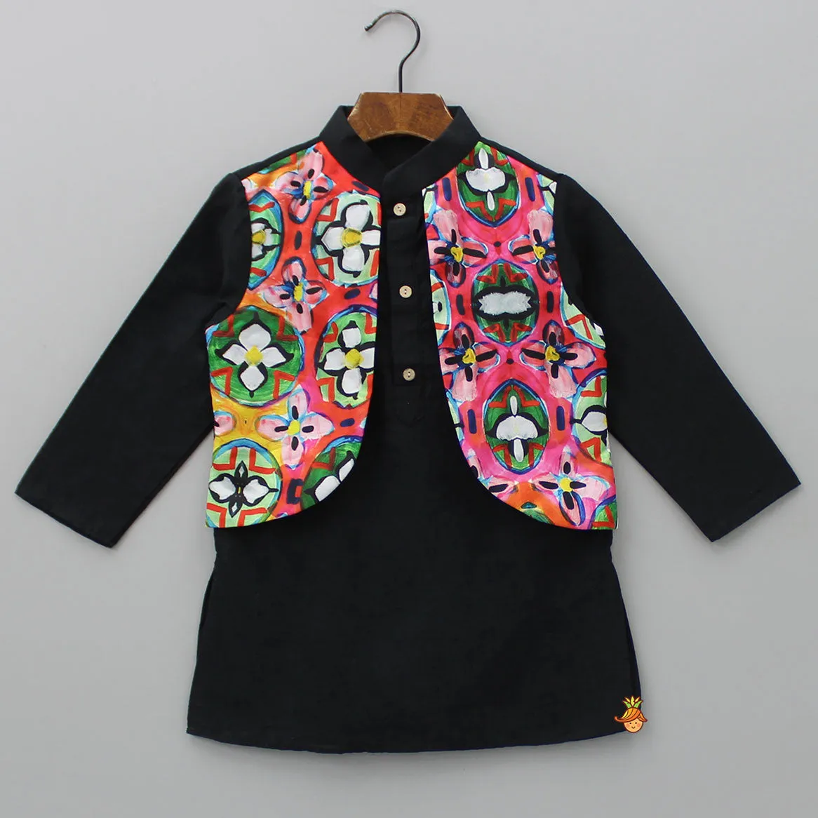 Abstract Printed Jacket Style Black Kurta And Pyjama