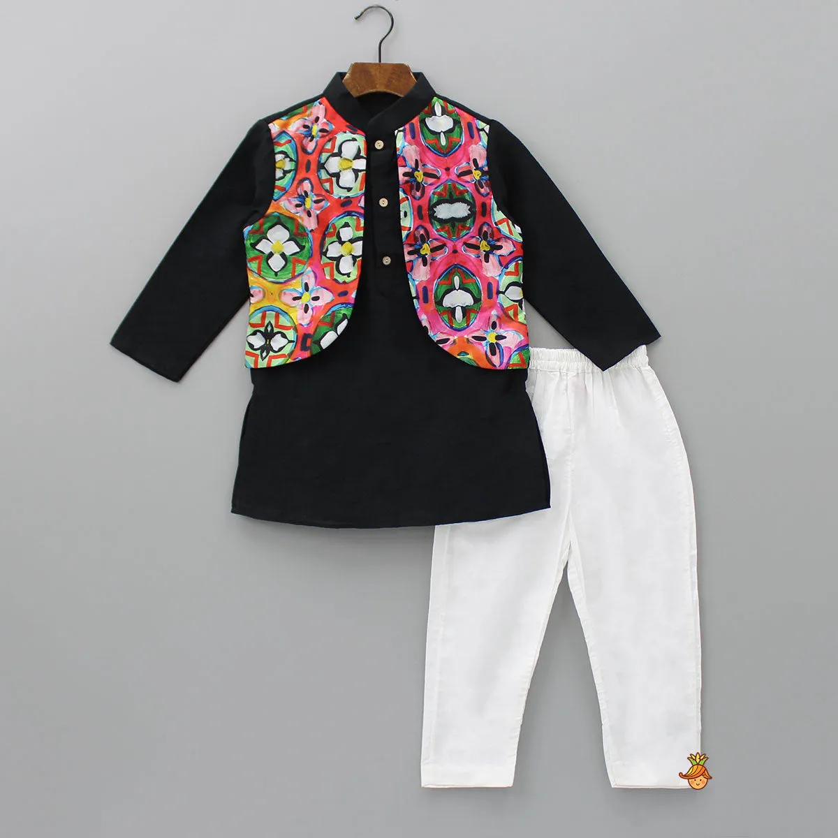 Abstract Printed Jacket Style Black Kurta And Pyjama