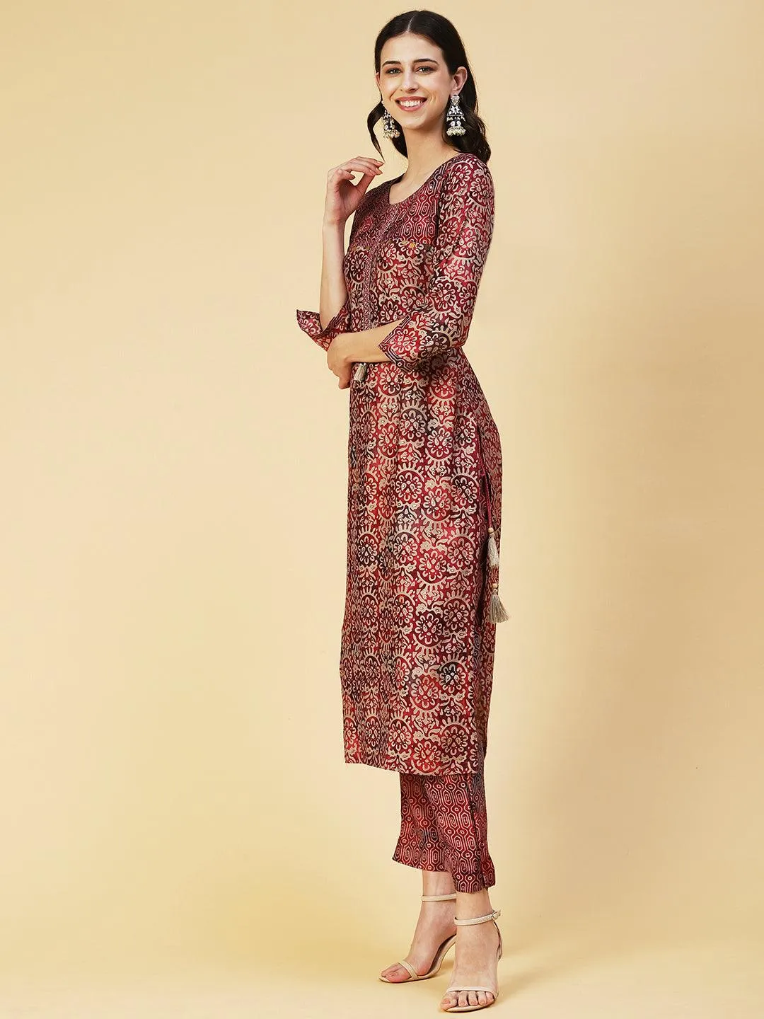 Abstract Printed Mirror Embroidered Kurta With Pants & Dupatta - Maroon