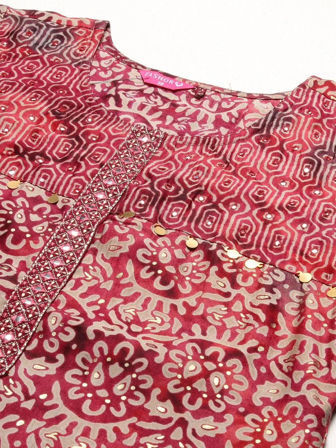 Abstract Printed Mirror Embroidered Kurta With Pants & Dupatta - Maroon