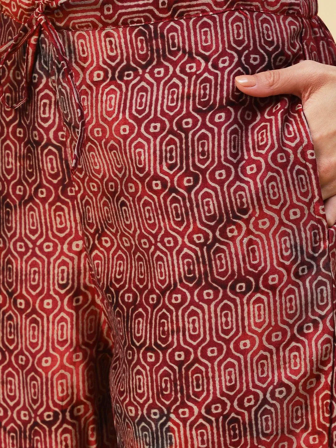 Abstract Printed Mirror Embroidered Kurta With Pants & Dupatta - Maroon