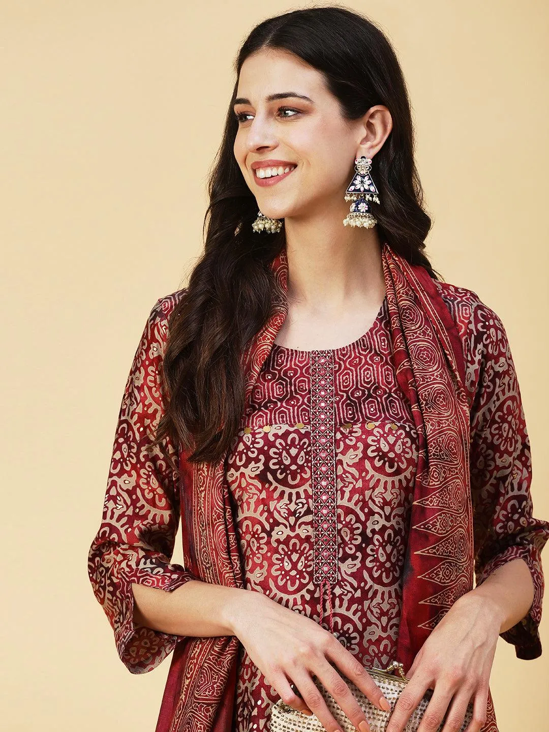 Abstract Printed Mirror Embroidered Kurta With Pants & Dupatta - Maroon