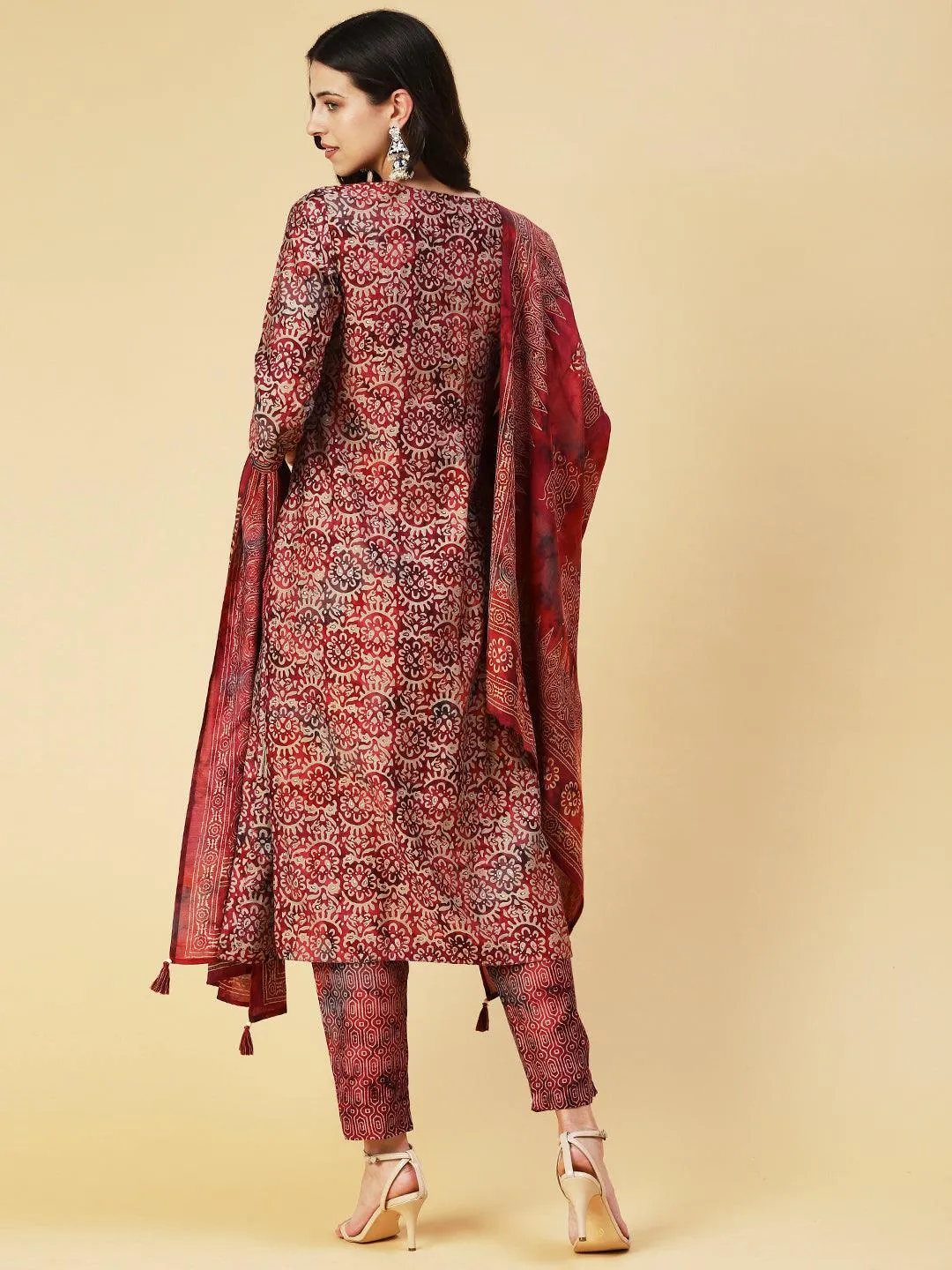 Abstract Printed Mirror Embroidered Kurta With Pants & Dupatta - Maroon