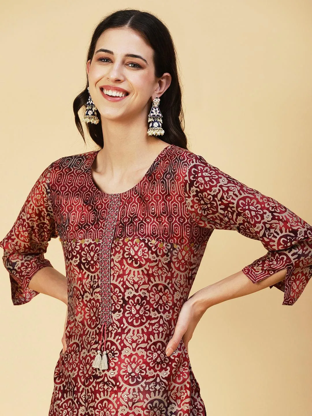 Abstract Printed Mirror Embroidered Kurta With Pants & Dupatta - Maroon