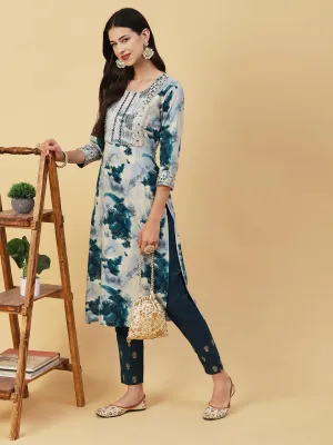 Abstract Printed Mirror, Zari & Resham Embroidered Foil Printed Kurta - Blue