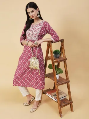 Abstract Printed Resham Dori & Zari Embroidered Kurta With Striped Pants - Amaranth Pink