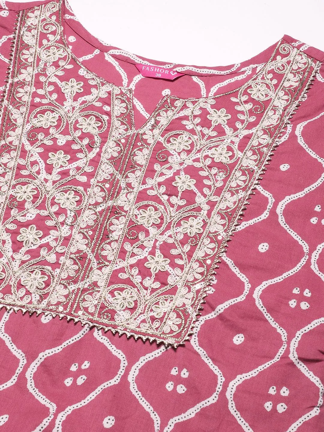 Abstract Printed Resham Dori & Zari Embroidered Kurta With Striped Pants - Amaranth Pink