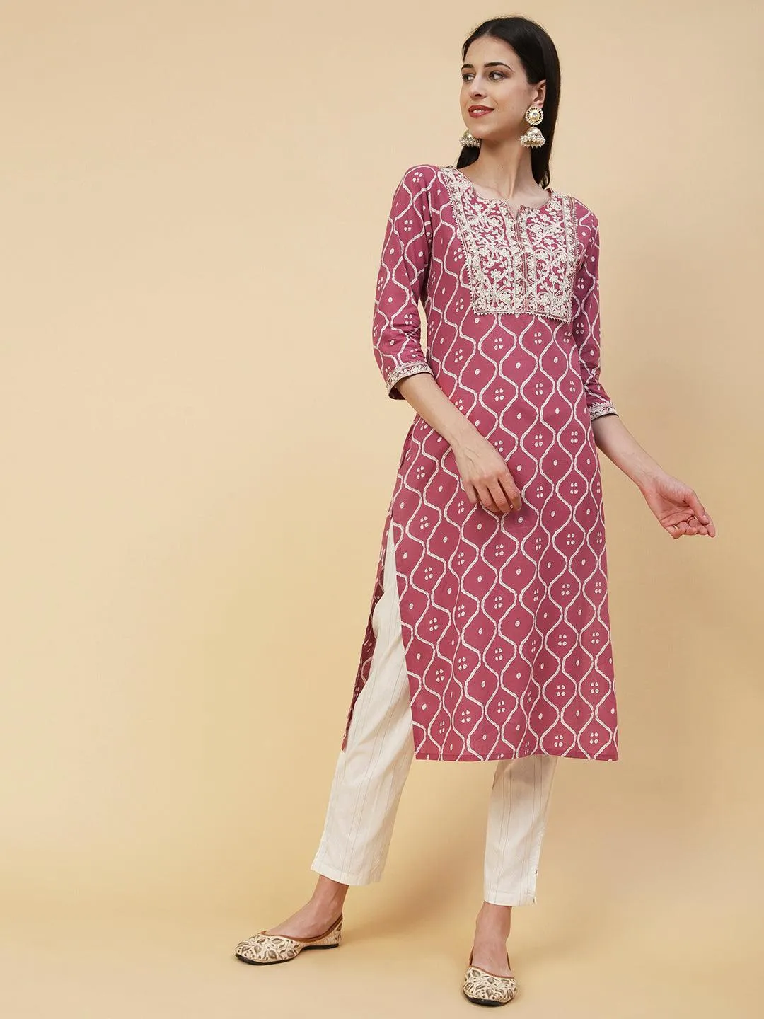 Abstract Printed Resham Dori & Zari Embroidered Kurta With Striped Pants - Amaranth Pink