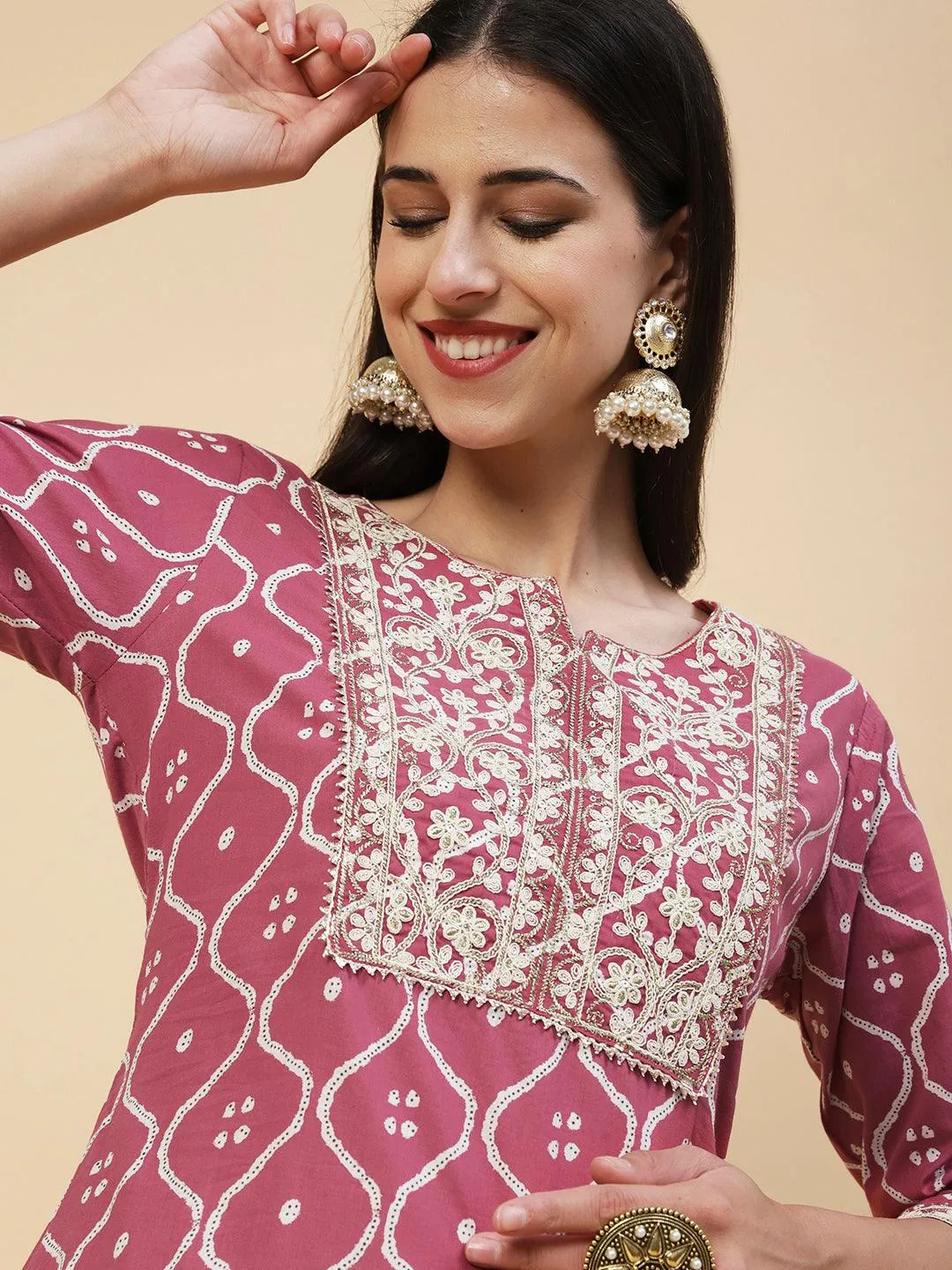 Abstract Printed Resham Dori & Zari Embroidered Kurta With Striped Pants - Amaranth Pink