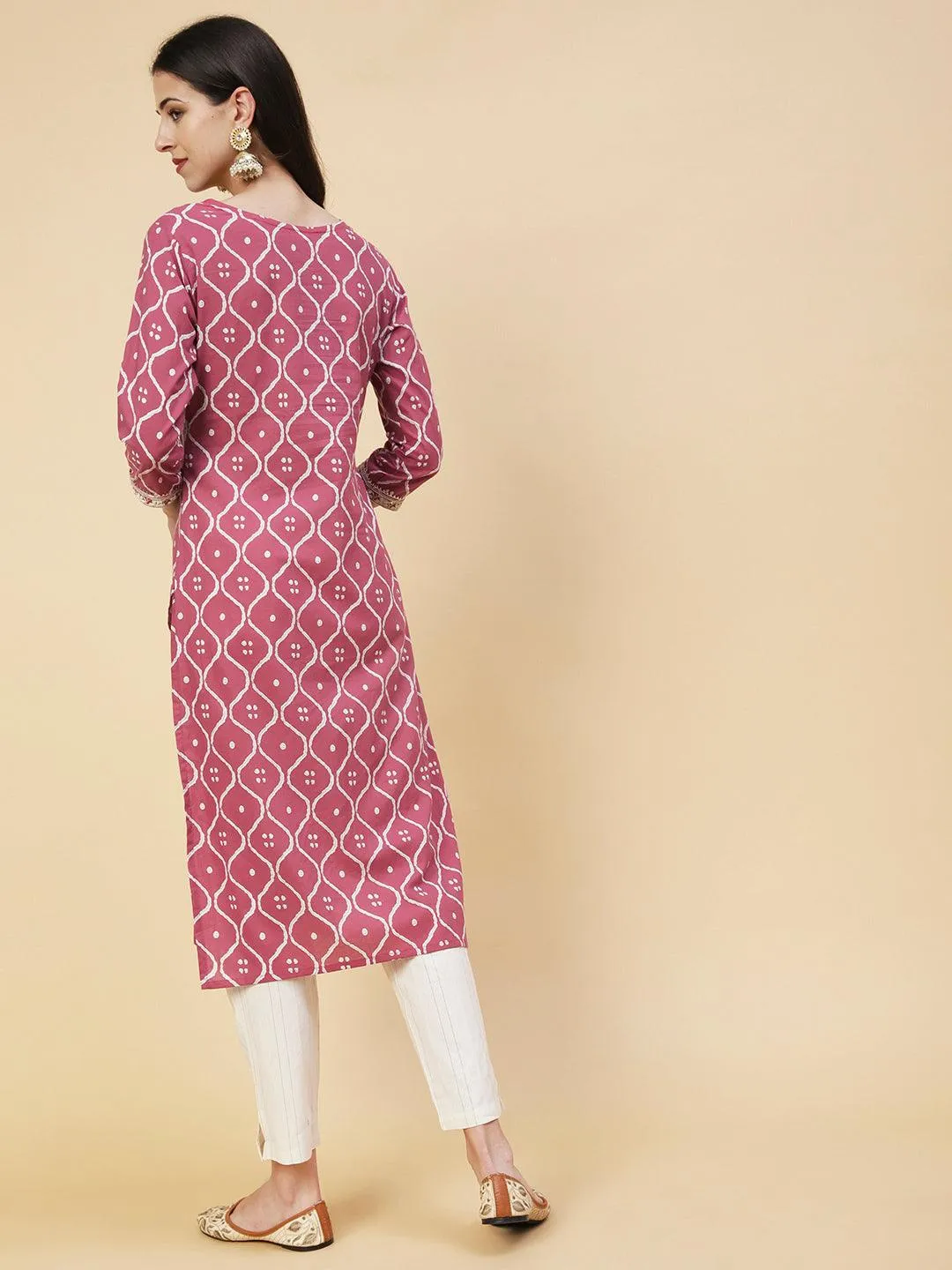 Abstract Printed Resham Dori & Zari Embroidered Kurta With Striped Pants - Amaranth Pink