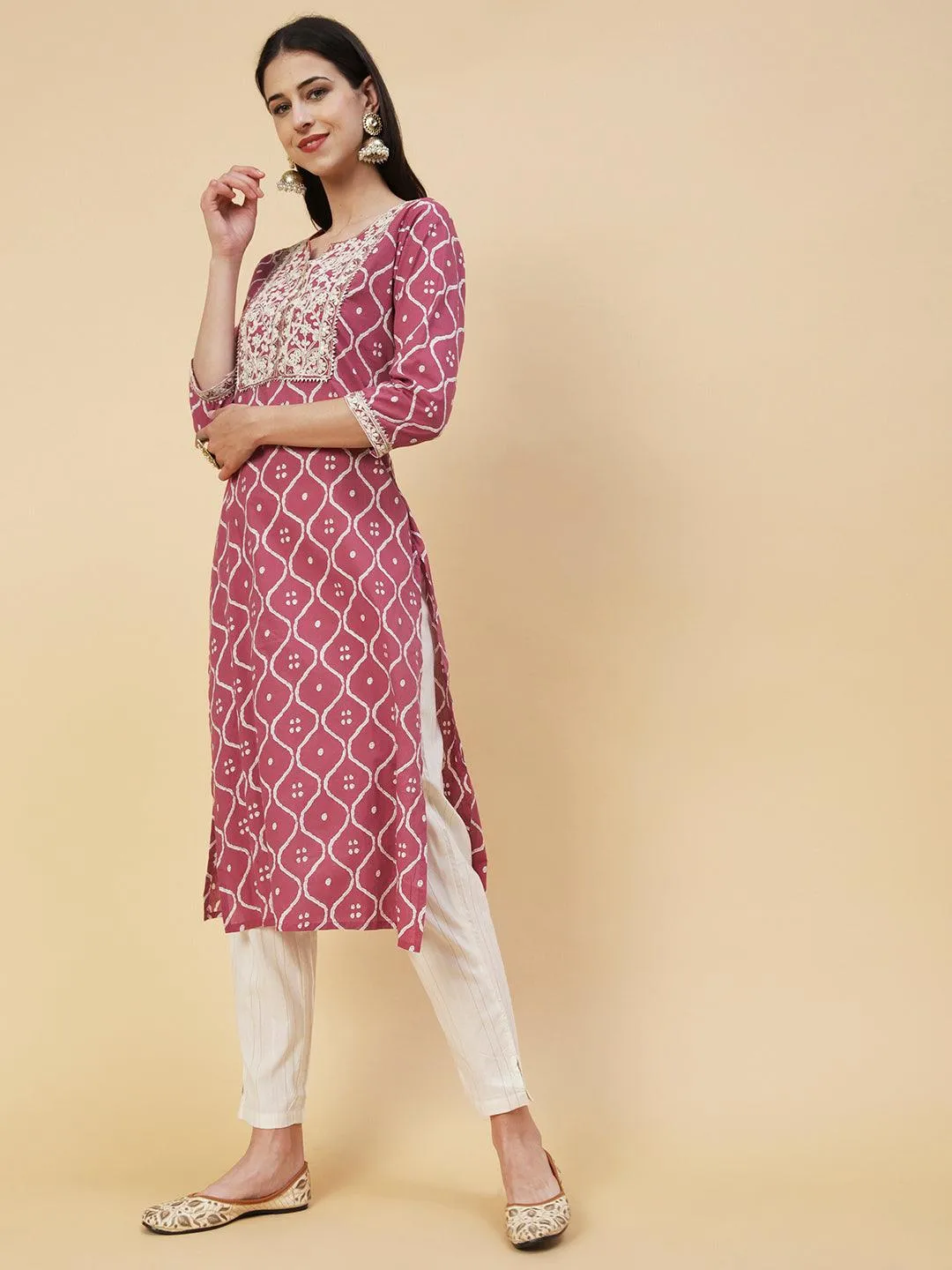 Abstract Printed Resham Dori & Zari Embroidered Kurta With Striped Pants - Amaranth Pink