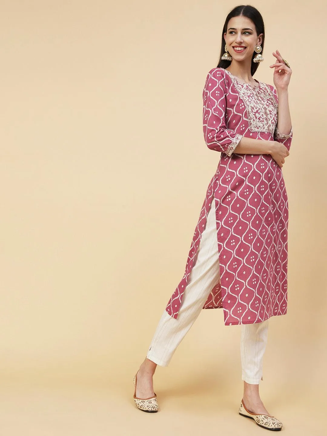 Abstract Printed Resham Dori & Zari Embroidered Kurta With Striped Pants - Amaranth Pink