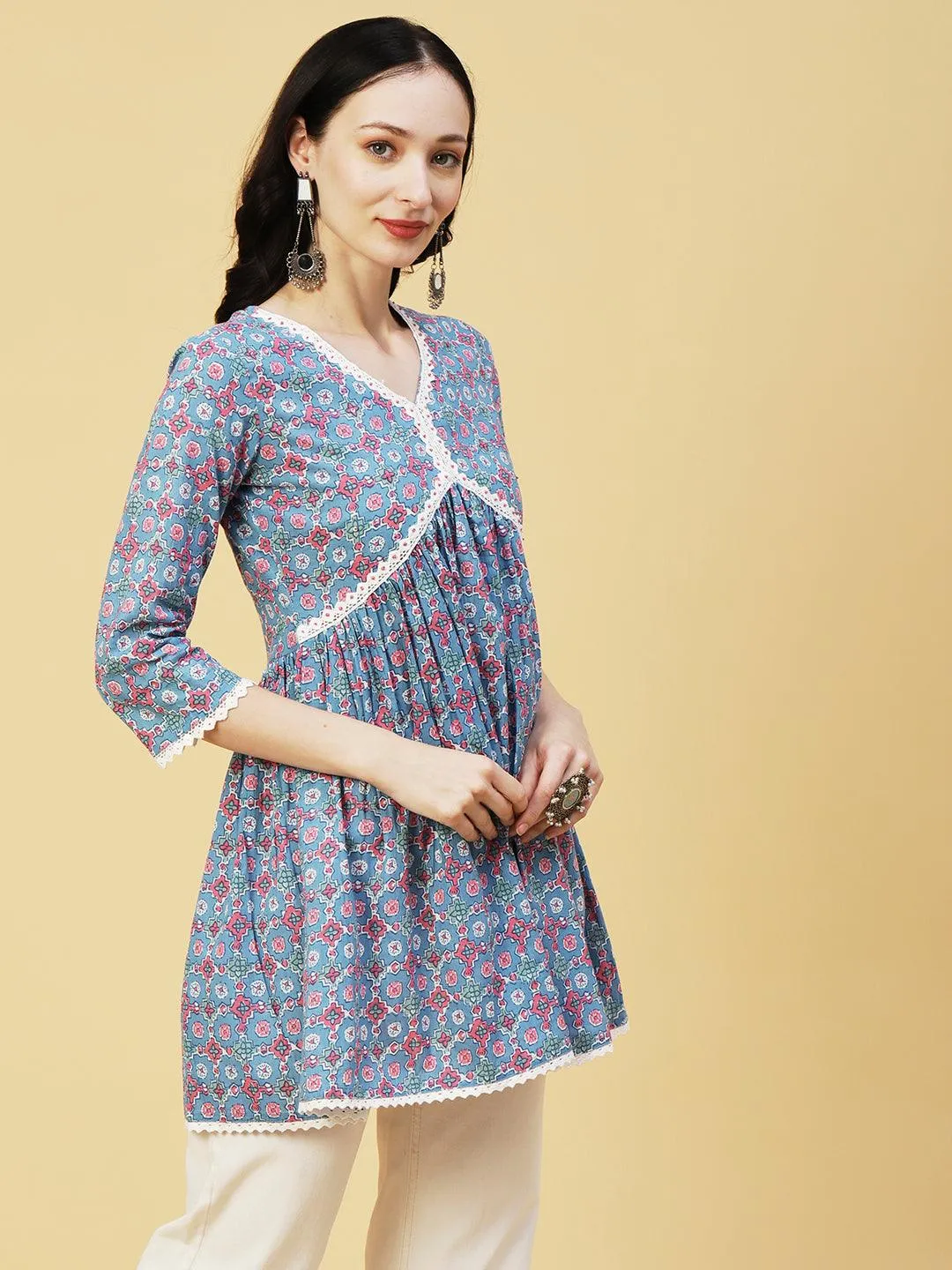 Abstract Printed Sequins & Beads Embroidered Crochet Lace Work Kurti - Light Blue