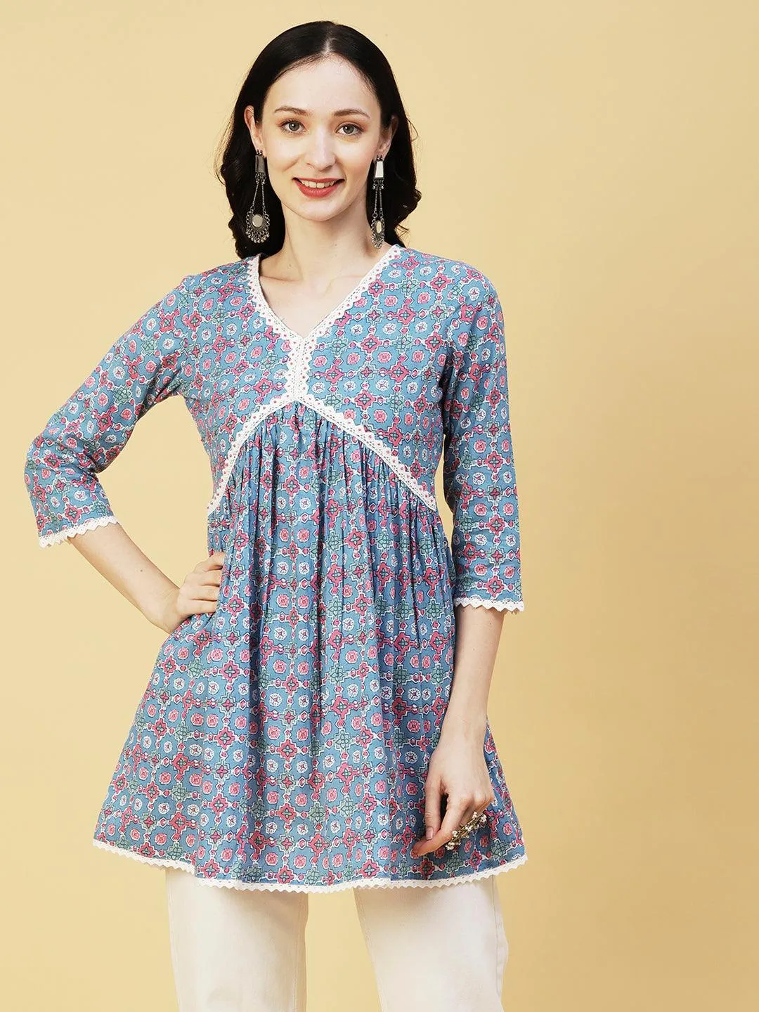 Abstract Printed Sequins & Beads Embroidered Crochet Lace Work Kurti - Light Blue