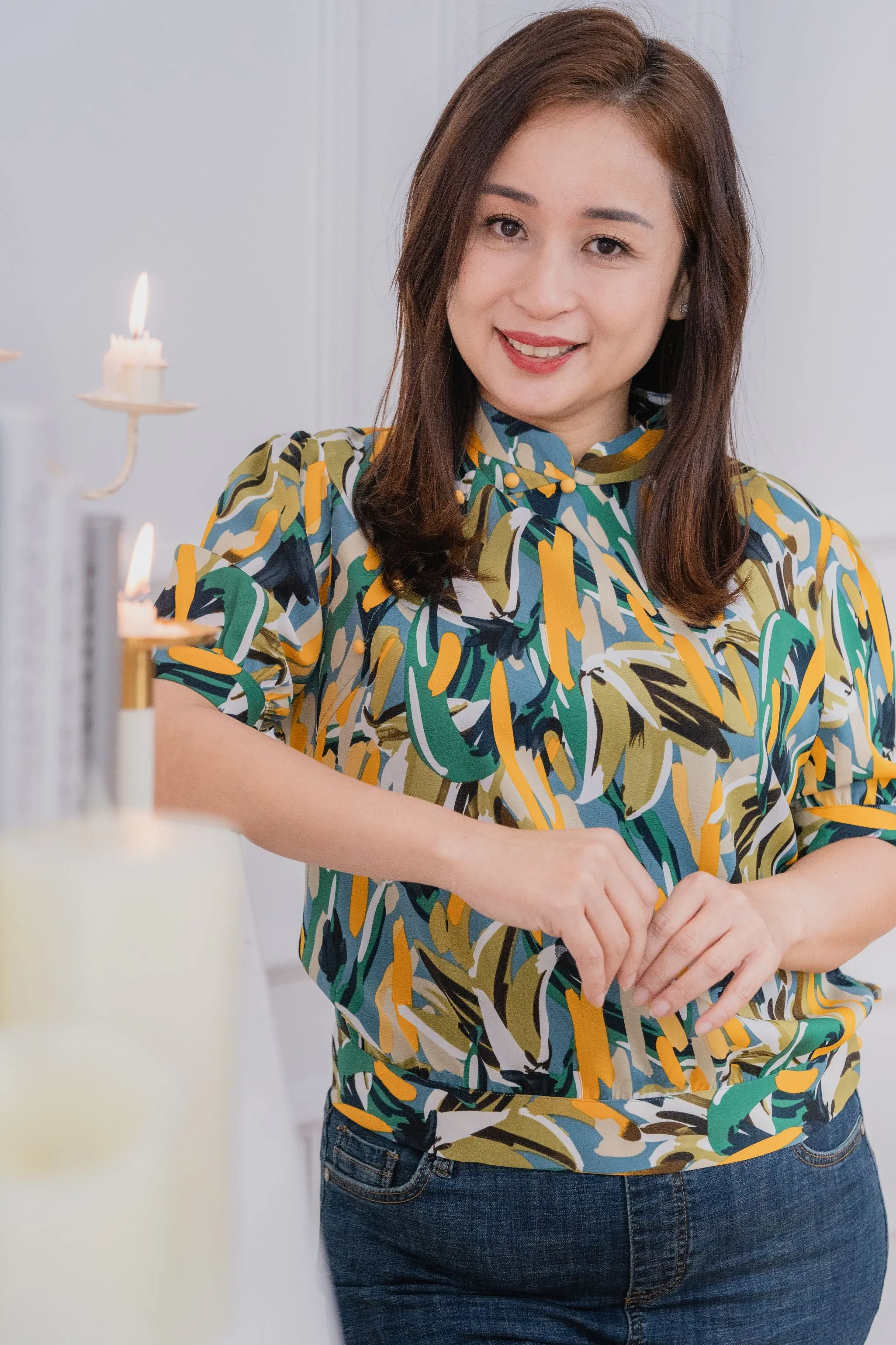 Abstract Printed Sleeve Cheongsam Blouse