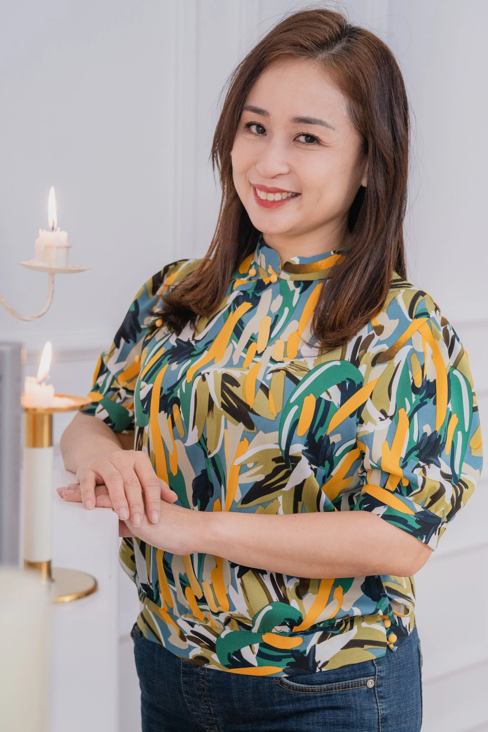 Abstract Printed Sleeve Cheongsam Blouse