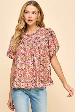 Abstract Printed Split Neckline Top