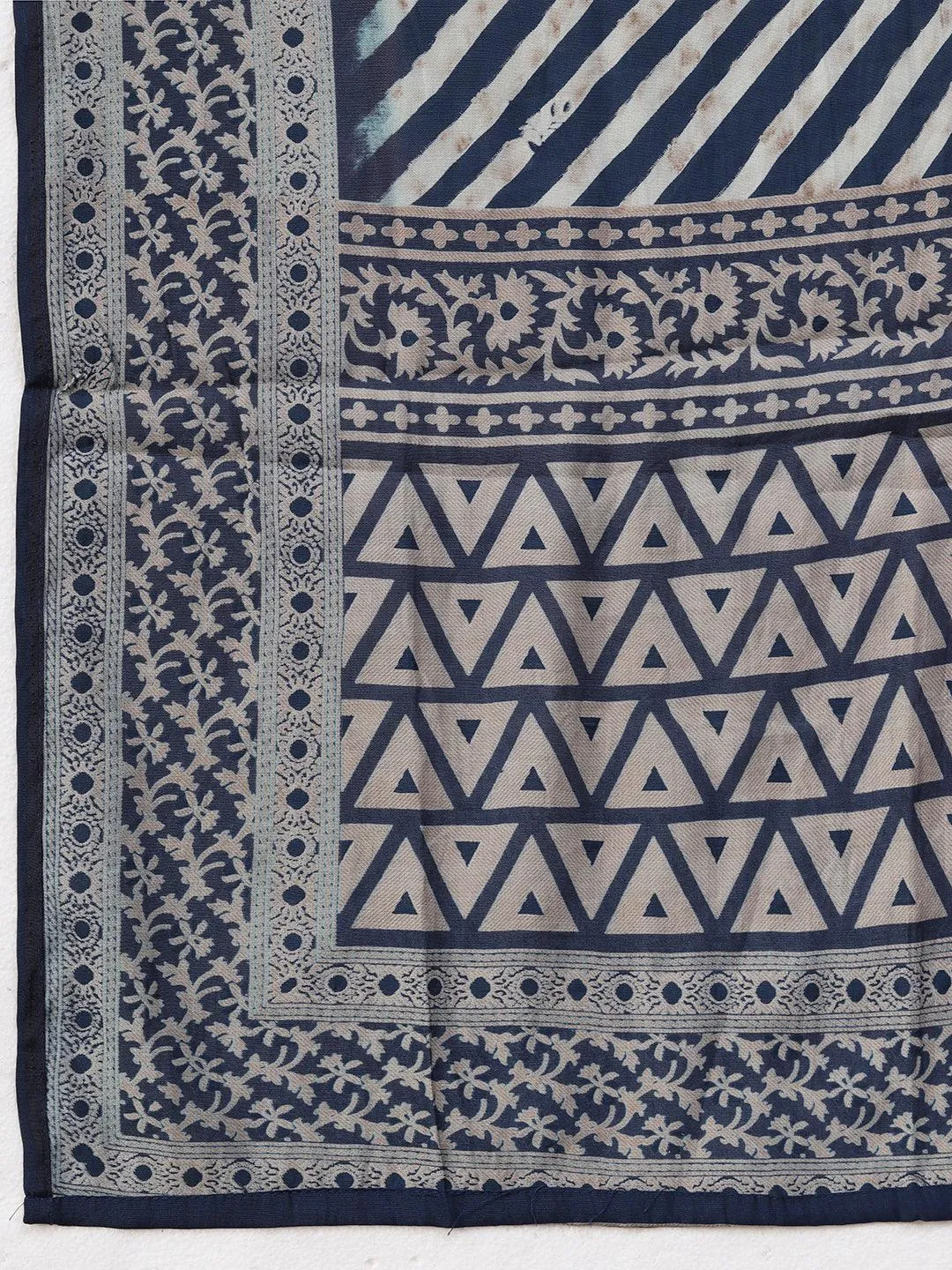 Abstract Printed Zari Dori Embroidered Kurta With Pants & Dupatta - Navy Blue