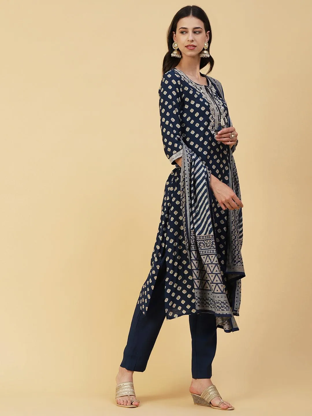 Abstract Printed Zari Dori Embroidered Kurta With Pants & Dupatta - Navy Blue