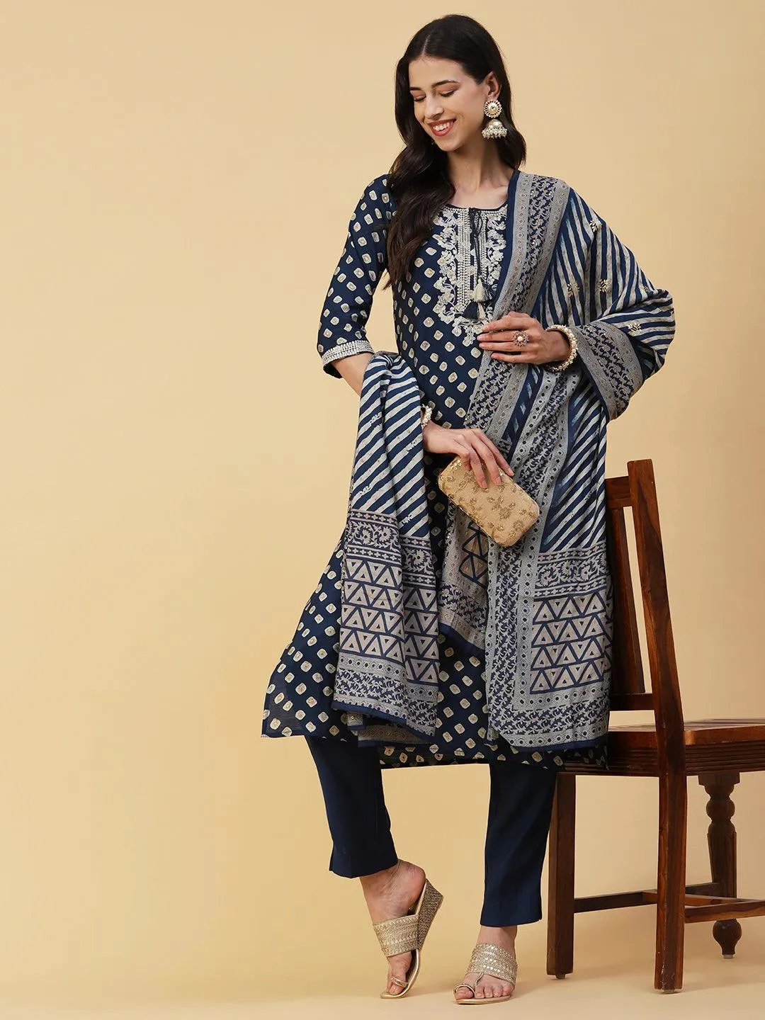 Abstract Printed Zari Dori Embroidered Kurta With Pants & Dupatta - Navy Blue