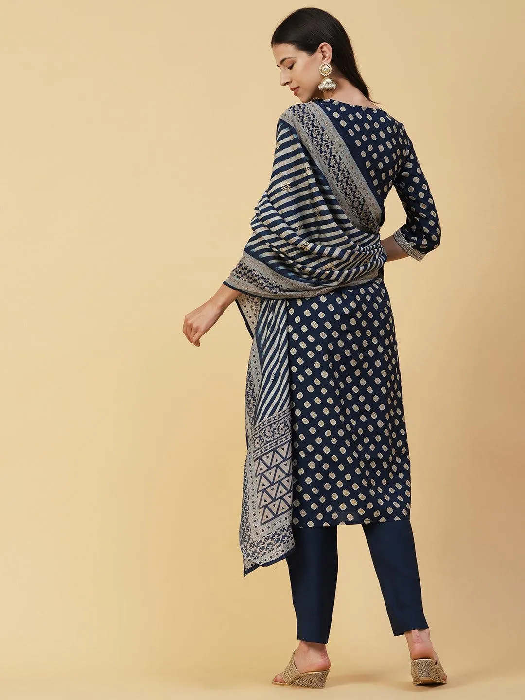 Abstract Printed Zari Dori Embroidered Kurta With Pants & Dupatta - Navy Blue