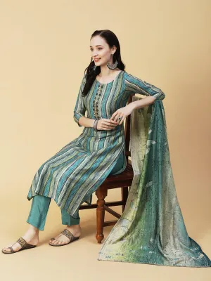 Abstract Striped Mirror Embroidered Kurta With Pants & Sequined Dupatta - Green