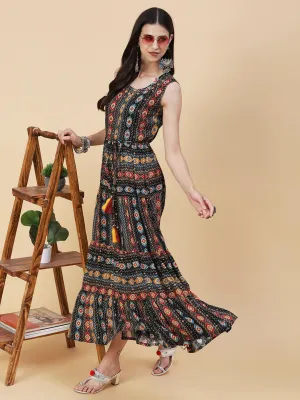 Abstract Striped Printed Mirror Embroidered Tiered Maxi Dress - Black