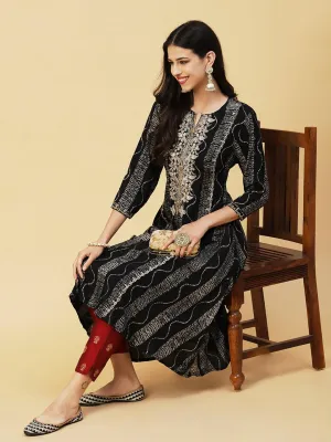 Abstract Stripes Foil Printed & Embroidered A-Line Flared Kurta - Black