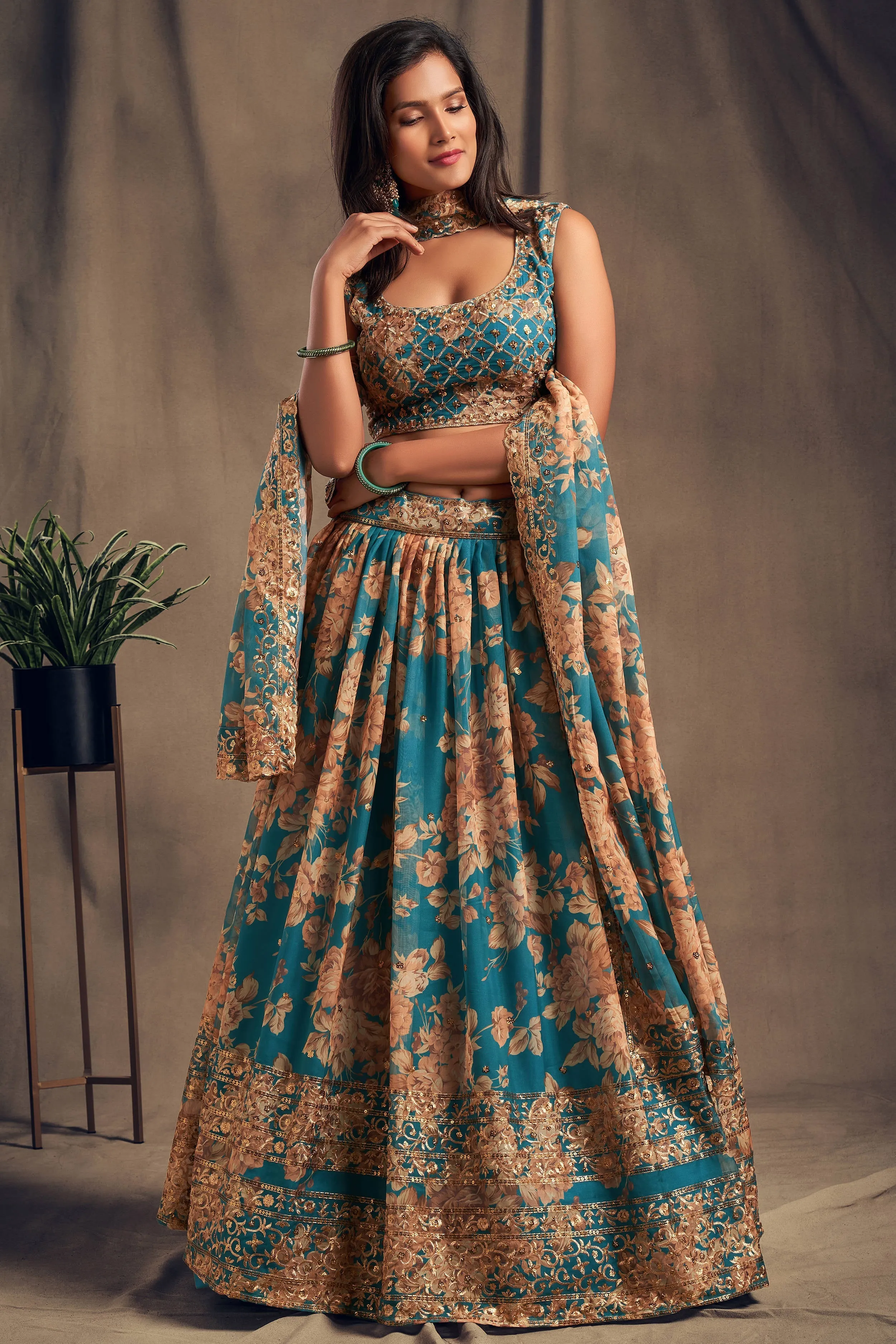 Accomplishing Teal Blue Zari Embroidery Organza Occasional Wear Lehenga Choli