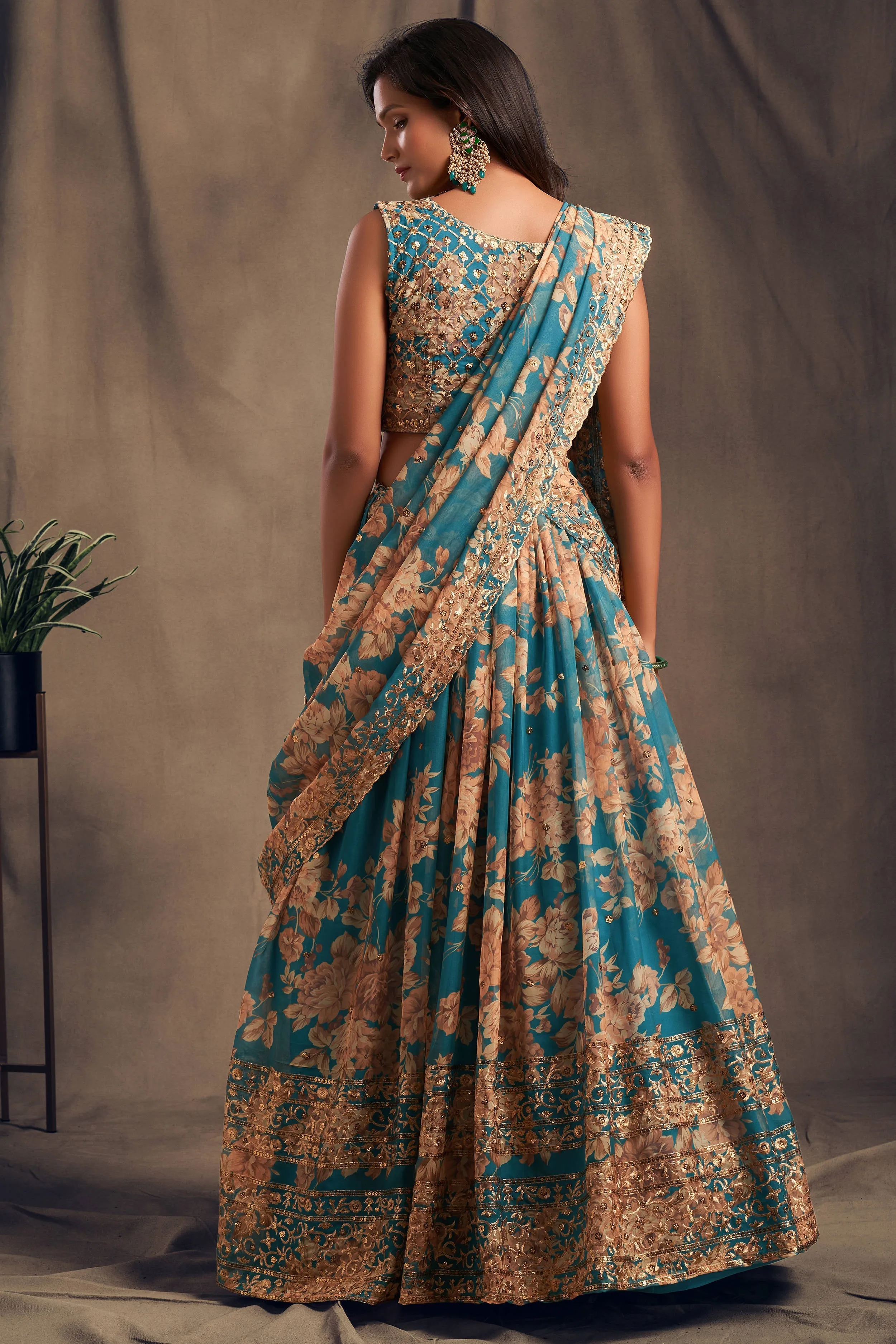 Accomplishing Teal Blue Zari Embroidery Organza Occasional Wear Lehenga Choli