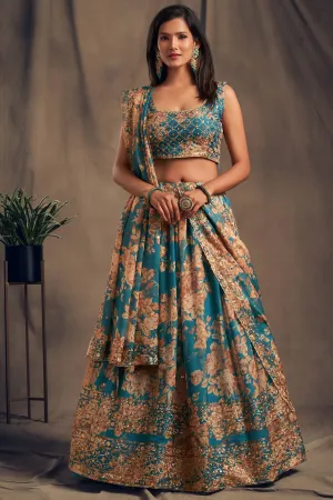 Accomplishing Teal Blue Zari Embroidery Organza Occasional Wear Lehenga Choli