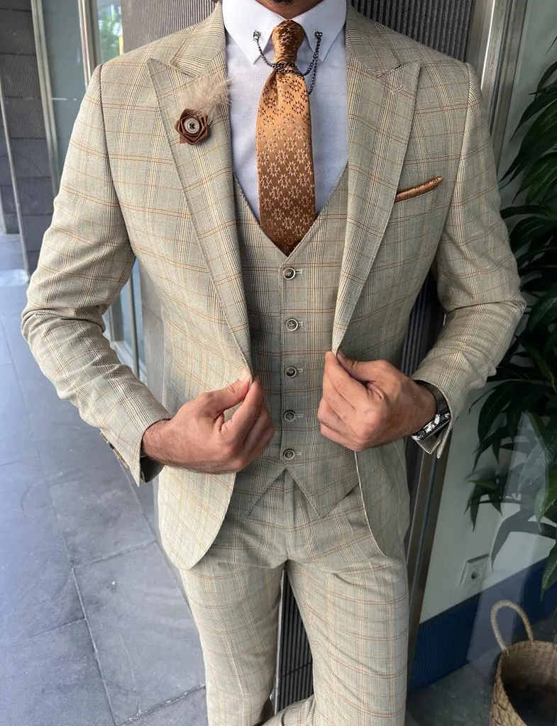 Ace Slim Fit Plaid Beige Striped Suit