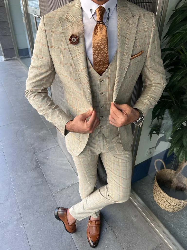 Ace Slim Fit Plaid Beige Striped Suit